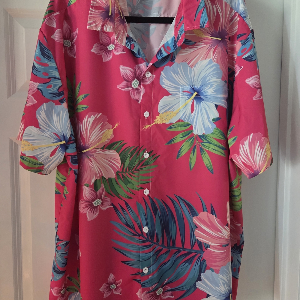 HARDADDY Men's 3XL Hawaiian Button Up Shirt Pink Floral Short Sleeve Aloha